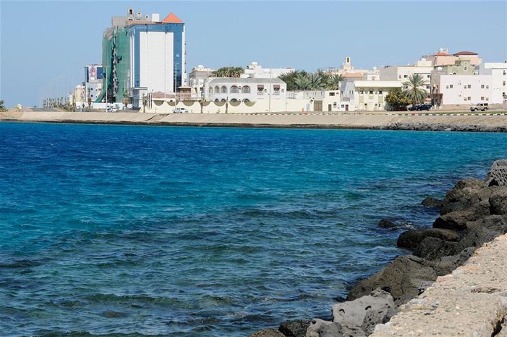 UMLUJ, SAUDI ARABIA - February 25, 2023. The coast (Corniche) of a popular Red Sea resort that advertises itself as the "Maldives of Saudi Arabia". A resting place for the inhabitants of Umluj
