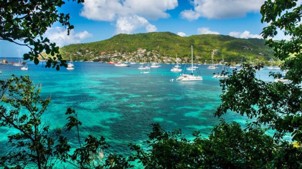 Sailing boats anchoring in Port Elizabeth, Admiralty Bay, Bequia, The Grenadines, St. Vincent and the Grenadines, Windward Islands, West Indies, Caribbean, Central America