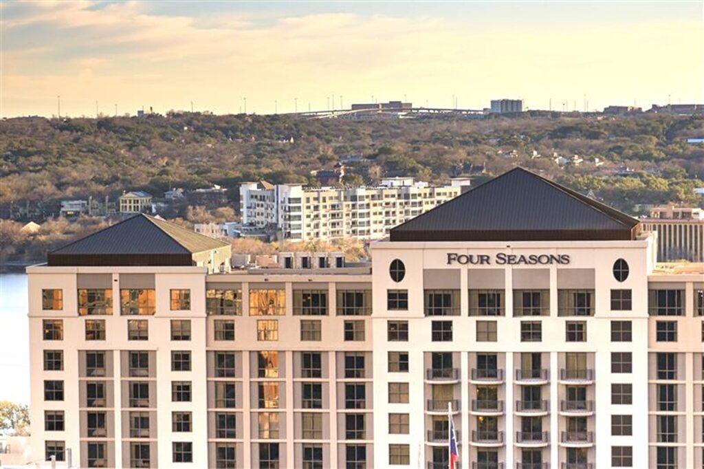 Austin, Texas, USA - 8 February 2023: Exterior view of the luxury Four Seasons hotel in downtown Austin