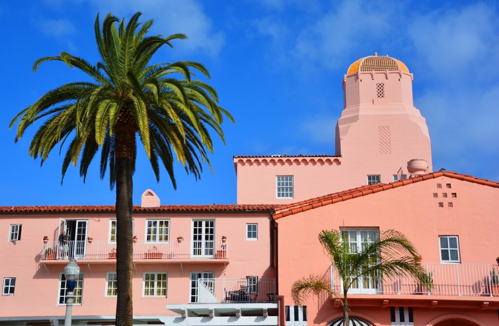 LA JOLLA CA USA APRIL 06 2015:La Valencia Hotel, built in 1909; originally called Cabrillo Hotel and renamed La Valencia West; remodeled in 1959; addition permitted in 1987