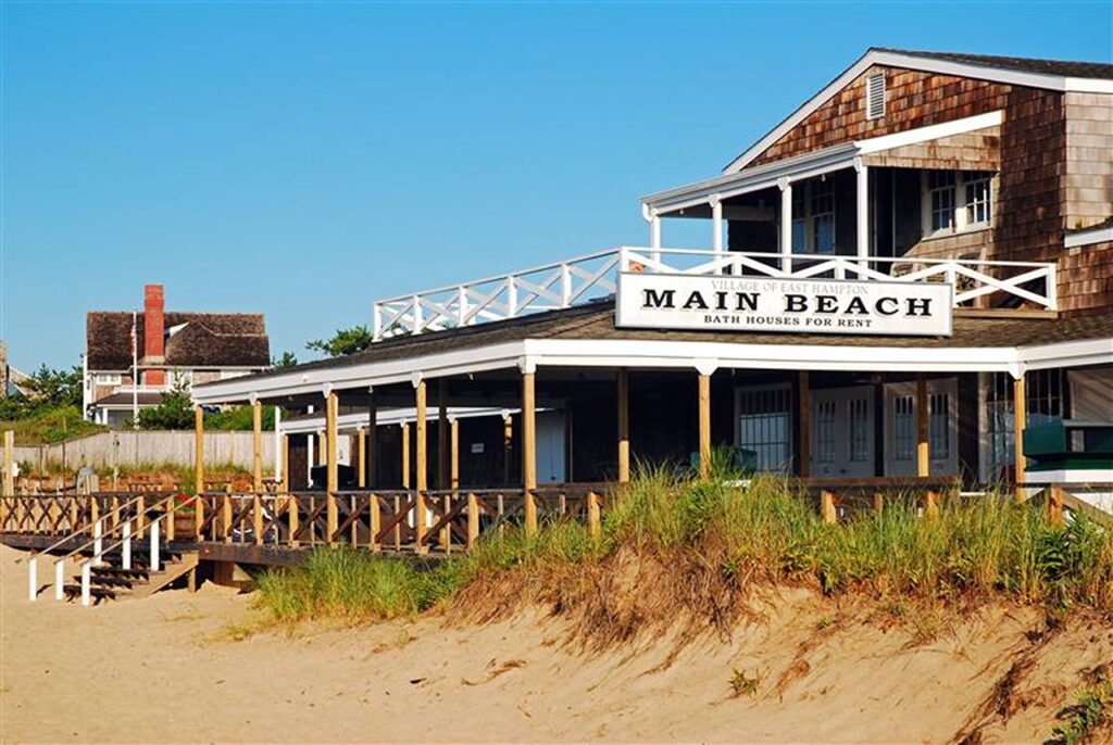 East Hampton, NY, USA July 26 2011 A historic shingled pavilion stands on the sand dunes on Main Beach in East Hampton New York, one of the Hamptons on Long Island