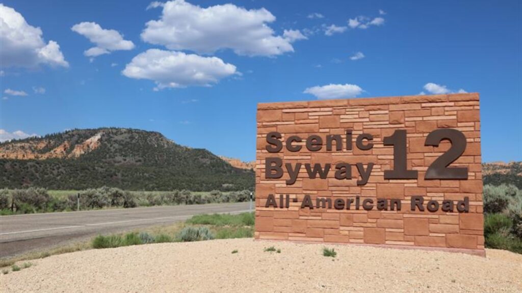 Sign of Scenic Byway 12 in Red Canyon. Utah. USA