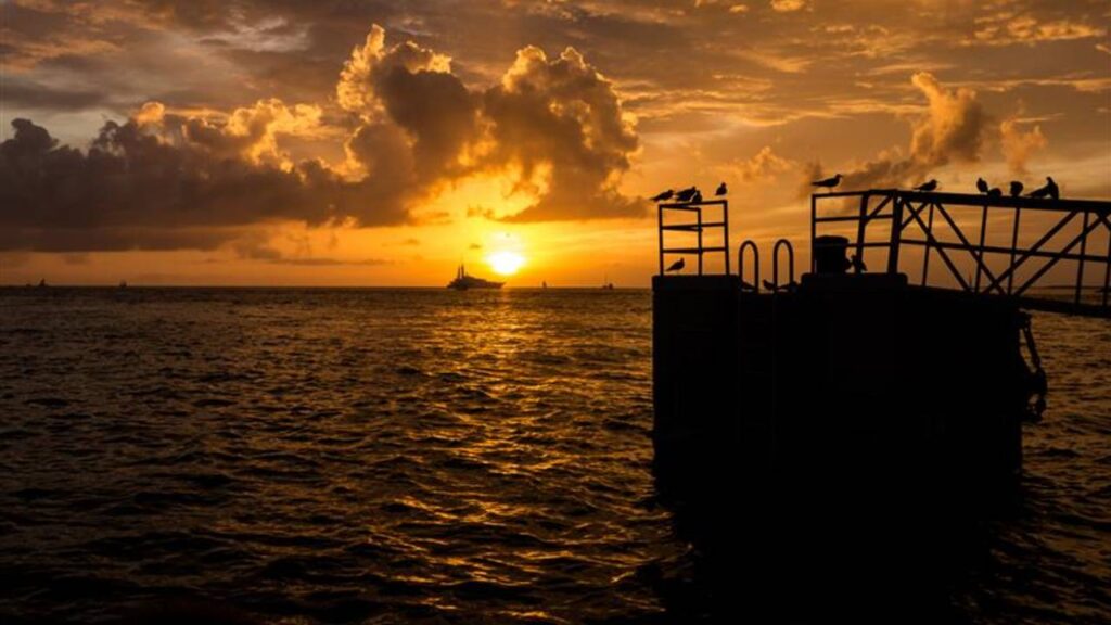 Bright yellow sunset on Mallory Square in Key West with birds sitting on the pier and yacht in the background