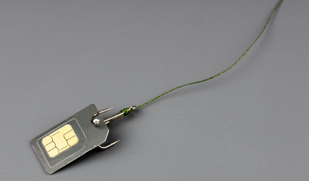 A SIM card pierced by a fishing hook hangs from a green fishing line, symbolizing the concept of digital security or mobile data risks.