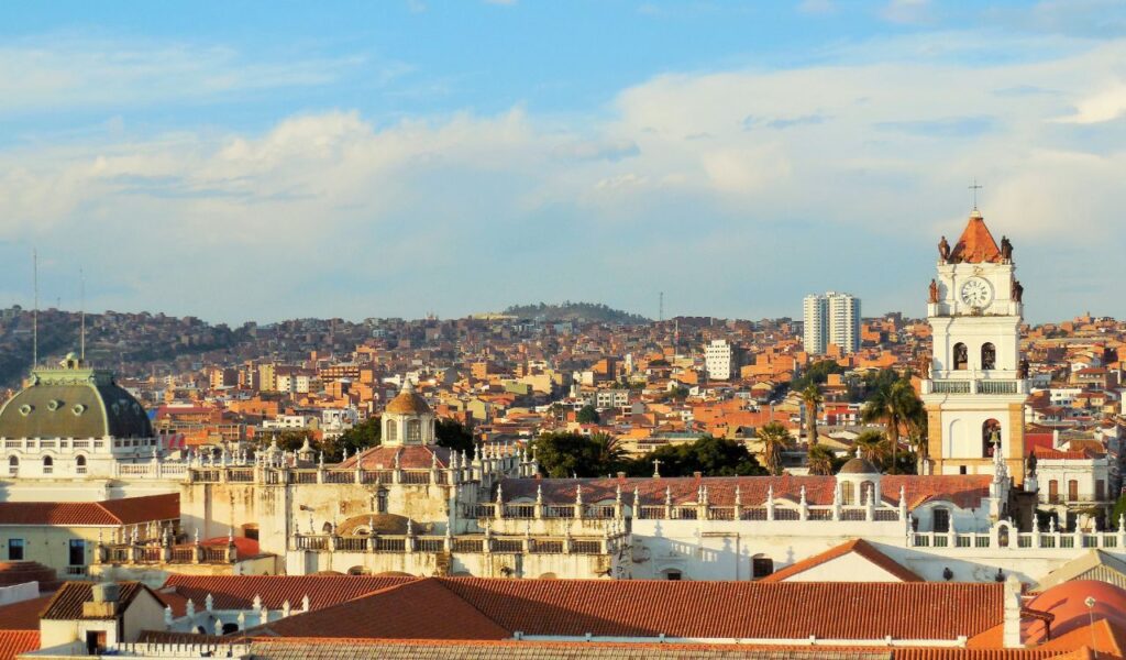 Panoramic view of colonial buildings and rooftops in Sucre, Bolivia’s historic capital.