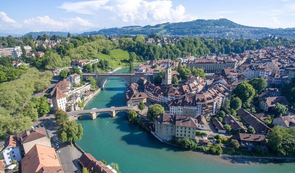 Aerial view of Bern old town and Aare River in Switzerland.