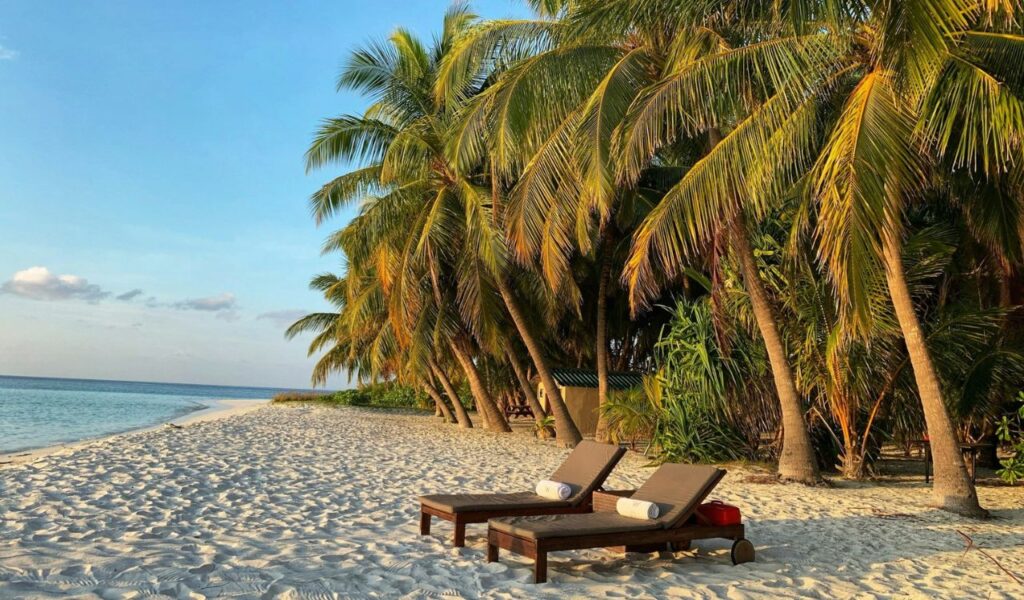 Two lounge chairs rest on a quiet tropical beach lined with palm trees, facing calm blue ocean water under a clear sky at sunset.