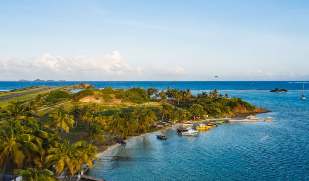 Aerial view of Union Island with lush greenery, a small harbor lined with colorful boats, and turquoise Caribbean waters.