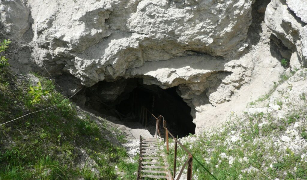 "Entrance to Orda Cave in Russia with a narrow metal staircase leading down into the dark cave opening surrounded by rocky cliffs and greenery.