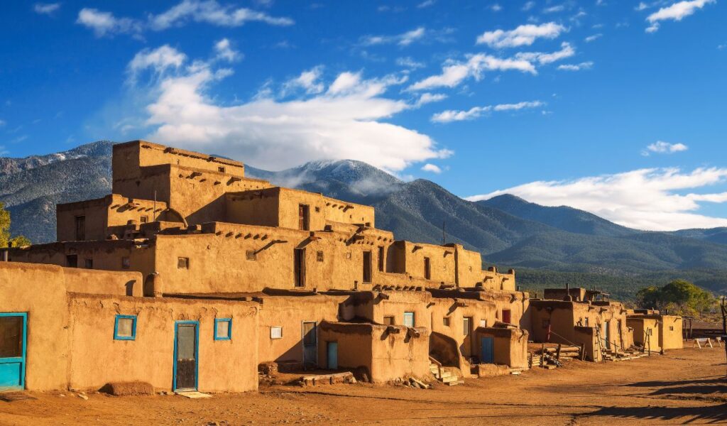 Ancient dwellings of UNESCO World Heritage Site named Taos Pueblo in New Mexico. Taos Pueblo is believed to be one of the oldest continuously inhabited settlements in USA.