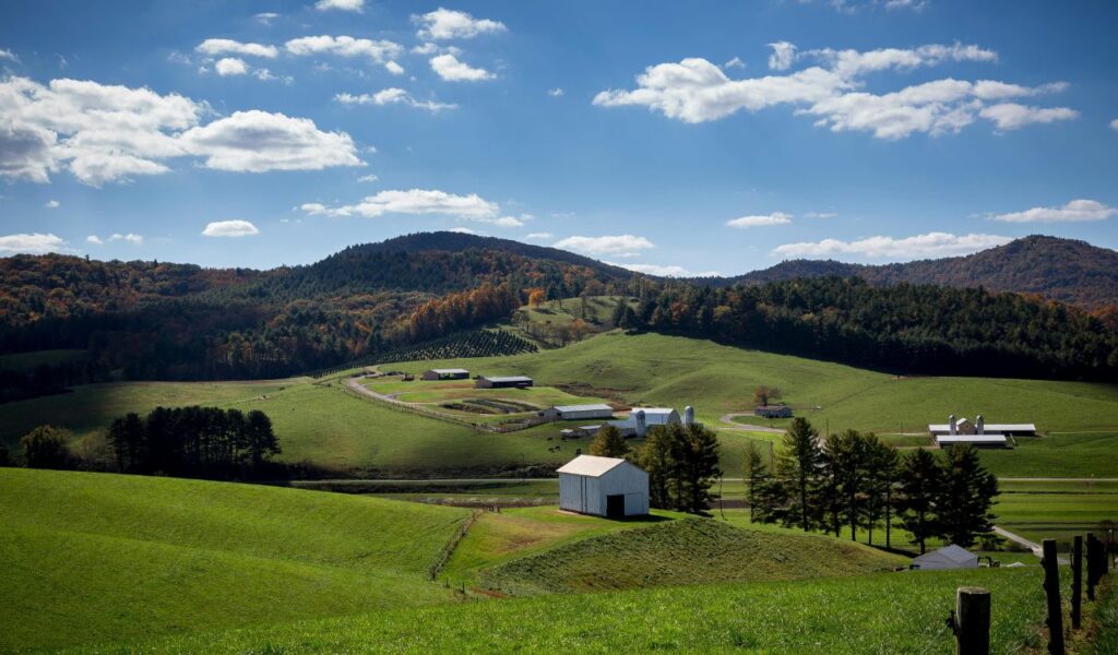 Rolling green farmland in Beaufort, North Carolina, stretches toward forested hills under a bright blue sky dotted with white clouds, with scattered barns and farm buildings adding to the pastoral charm.