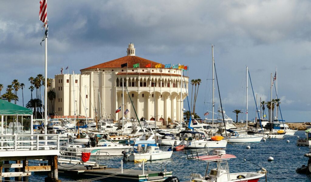 Boats docked at a marina on Catalina Island with the iconic Catalina Casino building and palm trees in the background.