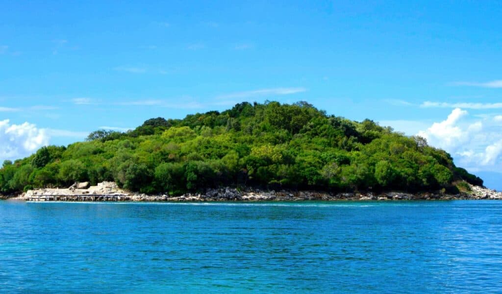 Small lush green island surrounded by clear turquoise water under a bright blue sky with scattered white clouds.