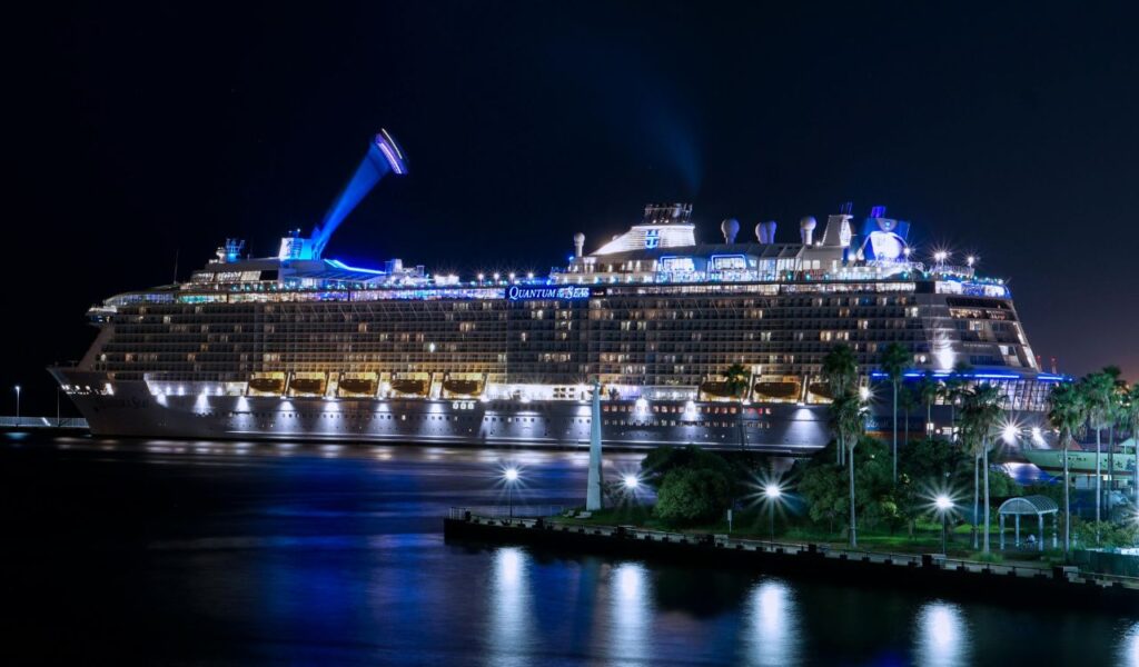 A brightly lit cruise ship named Quantum of the Seas docked at night, reflecting lights on the calm water, with palm trees and a small park visible in the foreground.