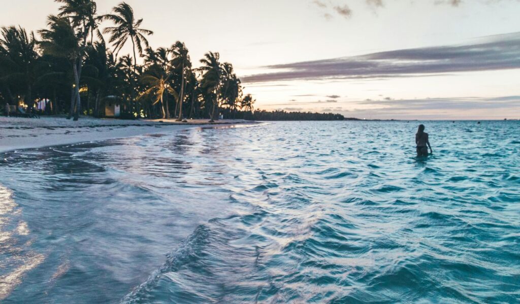 Person standing in the shallow water of a tropical beach at sunset with palm trees lining the shore.