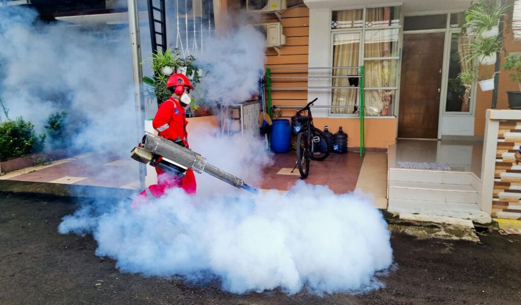 A pest control worker in protective gear sprays insecticide fog outside a building, creating dense smoke to eliminate pests.