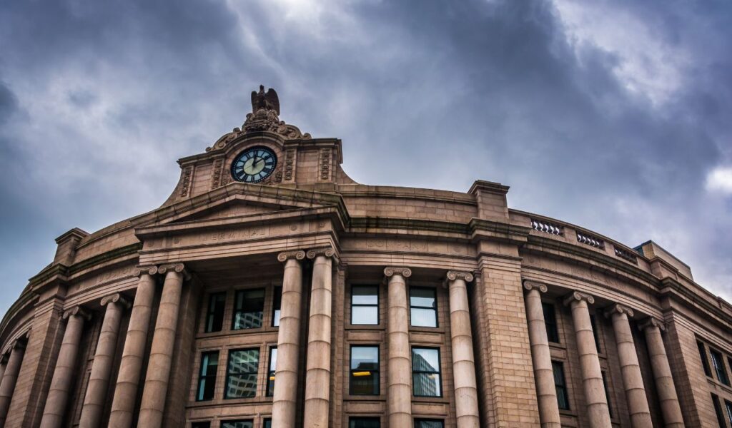 Exterior of the South Station, in Boston, Massachusetts.
