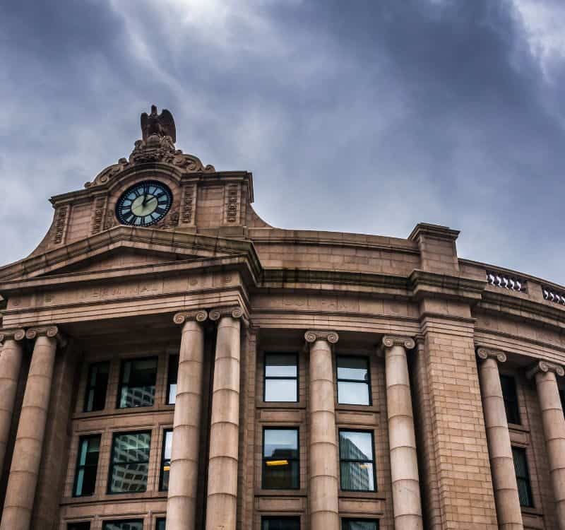 Exterior of the South Station, in Boston, Massachusetts.