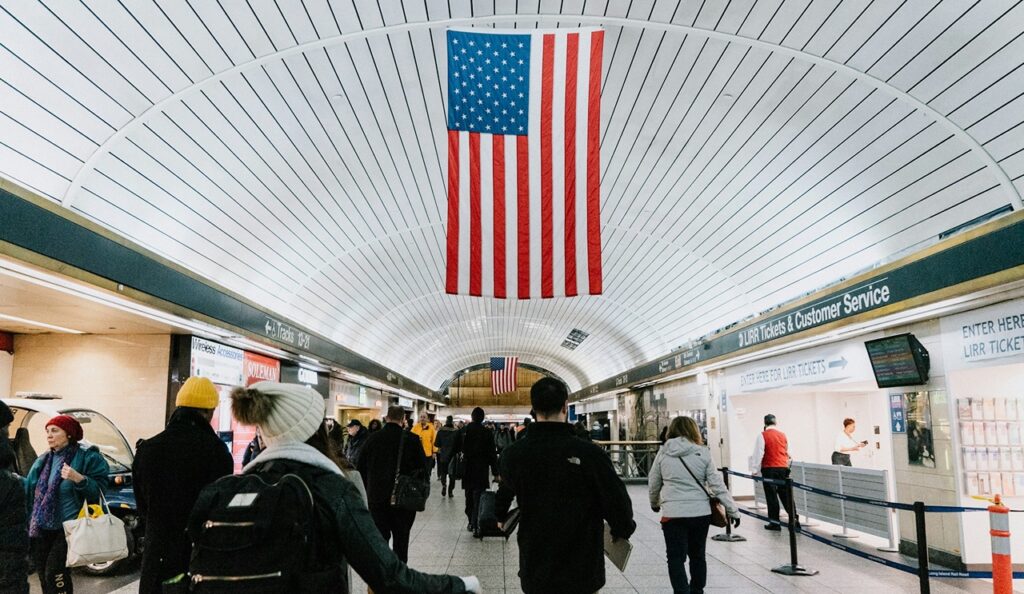 American Flag at Underground Penn Station tunnel. Penn Station, New York, NY, USA