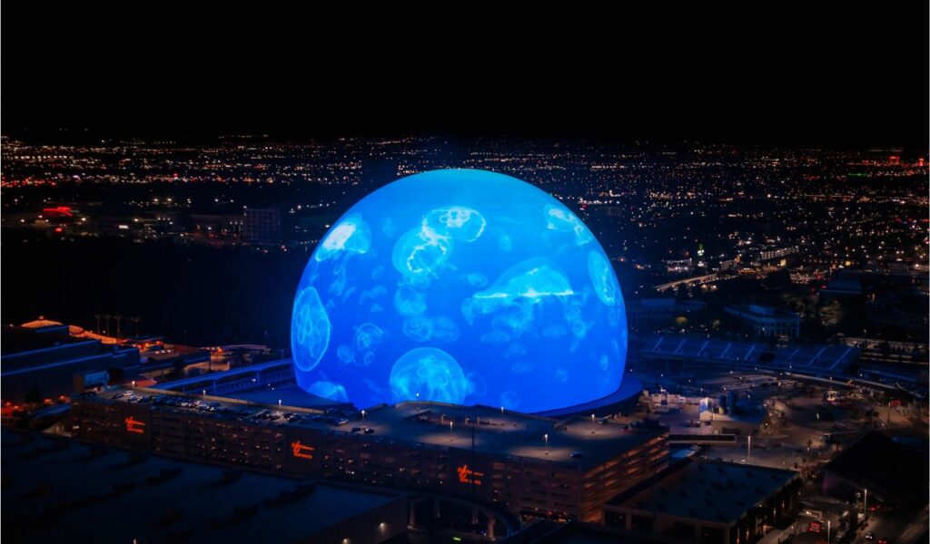 Las Vegas, Nevada, USA - November 7th, 2023 The Sphere at night in Vegas illuminated in blue