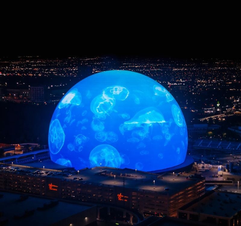 Las Vegas, Nevada, USA - November 7th, 2023 The Sphere at night in Vegas illuminated in blue