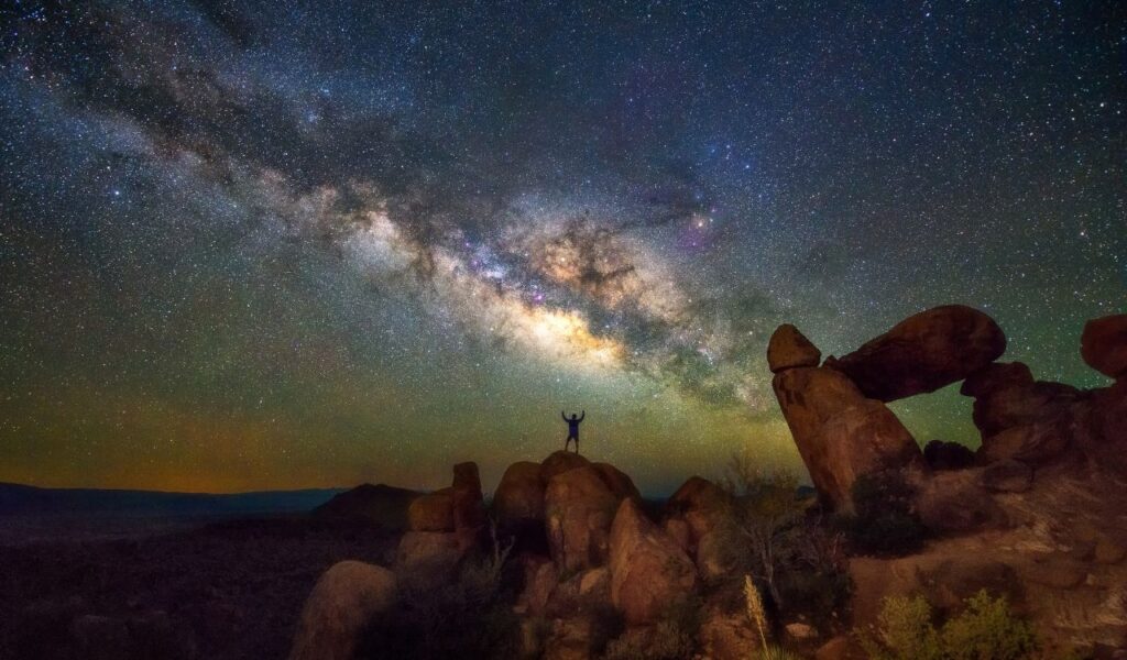Milky way at Balanced Rock, Big Bend National park, Texas USA. Constellation and galaxy