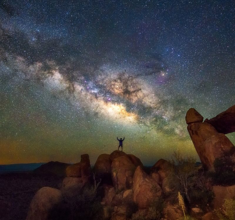 Milky way at Balanced Rock, Big Bend National park, Texas USA. Constellation and galaxy