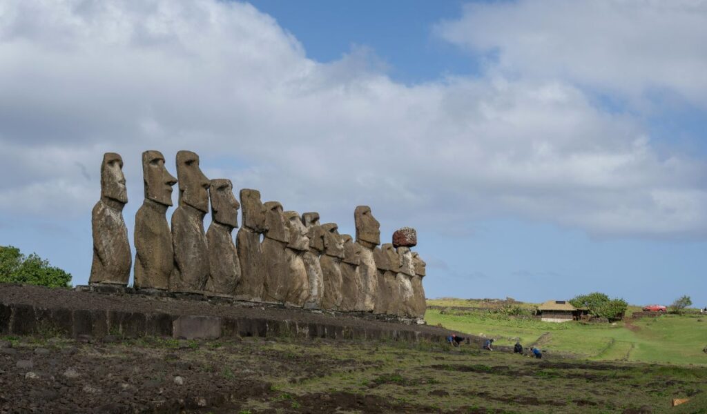 Moai Statues on Easter Island, Chile massive stone figures carved by the Rapa Nui people, standing as iconic symbols of the island’s ancient culture.