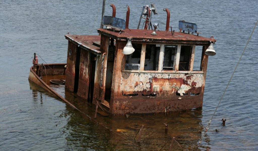Rusted and partially sunken boat in the water, showing peeling paint and visible decay.