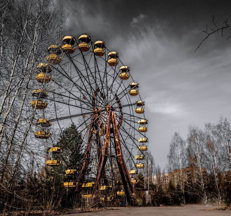Old ferris wheel in the ghost town of Pripyat. Consequences of the accident at the Chernobil nuclear power plant