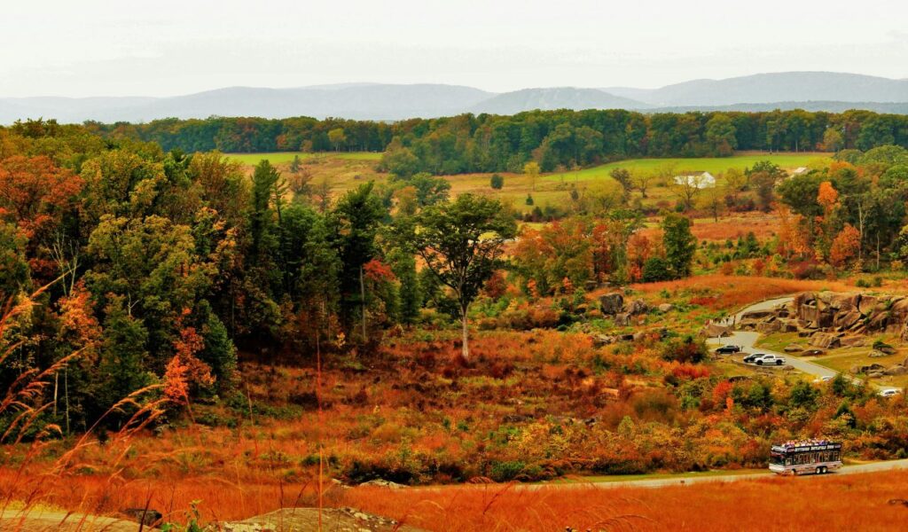 Tour bus and cars in Gettysburg National Military Park surrounded by fields and trees glowing with fall foliage.