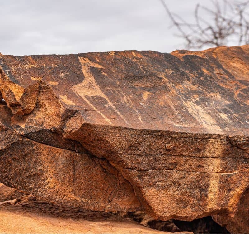 Prehistoric Bushman engravings at Twyfelfontein - Plate with rock paintings from animals and symbols