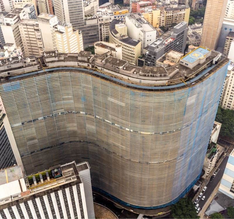 SÃO PAULO, BRAZIL, MARCH 13, 2023, Aerial view of the Copan is one of the most important and emblematic buildings in the city of São Paulo, located at number 200 on Avenida Ipiranga.
