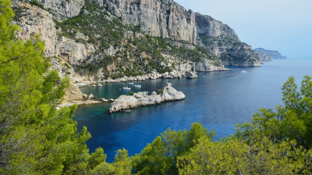Marseille, France Scenic Landscape Of Sea, Cliffs and Forest calanque de sugiton
