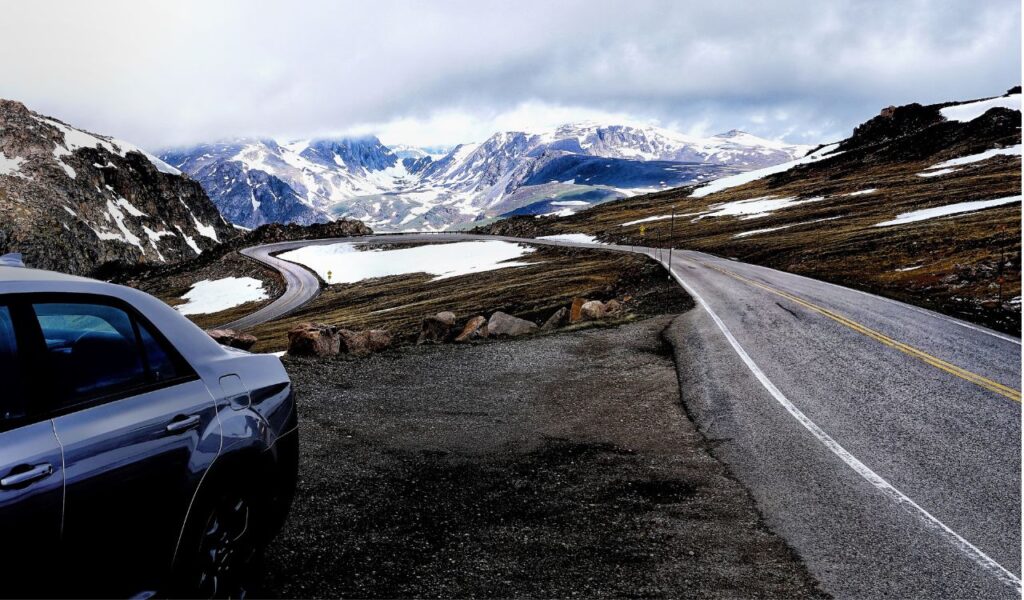Spectacular view at Beartooth Highway Summit, Wyoming. A Drive of incredible beauty. Yellowstone. Rocky mountains covered by snow. Northwest. Majestic beartooth mountains, alpine landscape