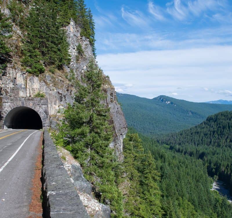 Straight road leading to a dark tunnel at Mount Rainier National Park in Washington, USA