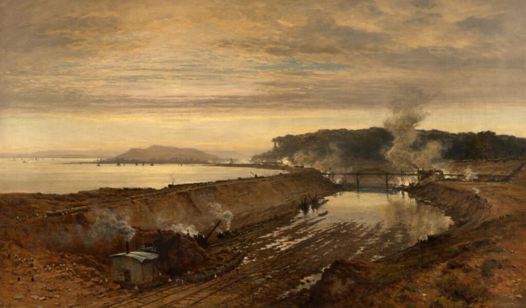 The Excavation of the Manchester Ship Canal Eastham Cutting with Mount Manisty in the Distance (1891), by Benjamin Williams Leader, brother of the canal's engineer Edward Leader Williams