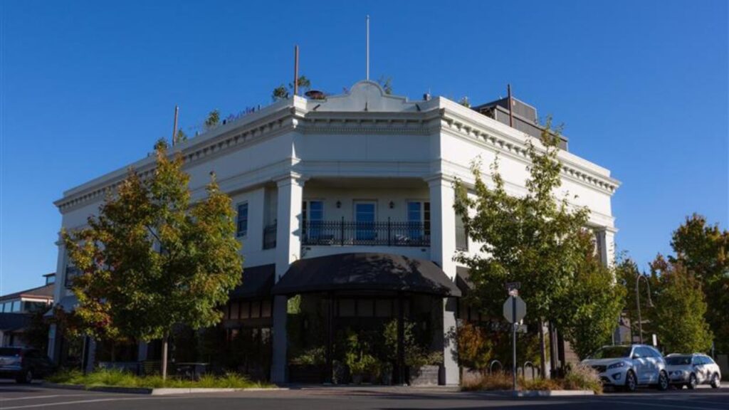 Healdsburg, California - October 23, 2019: a historic, corner-facing building downtown.
