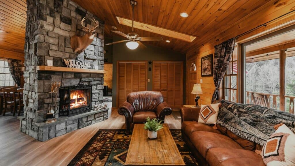 Historic national park lodge interior fireplace
