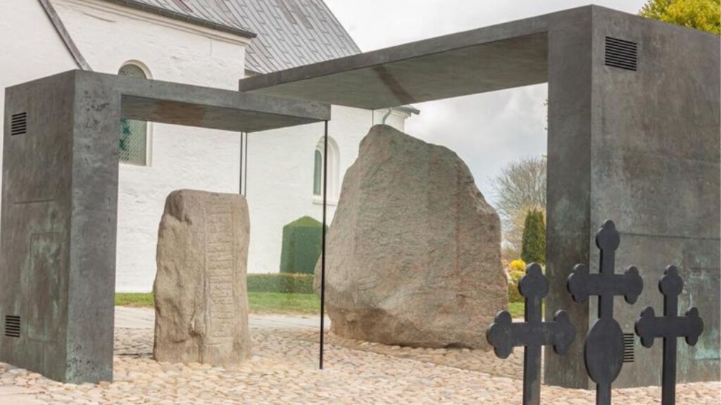 Jelling stones are massive carved runestones,10th century, Jelling, Denmark, Europe
