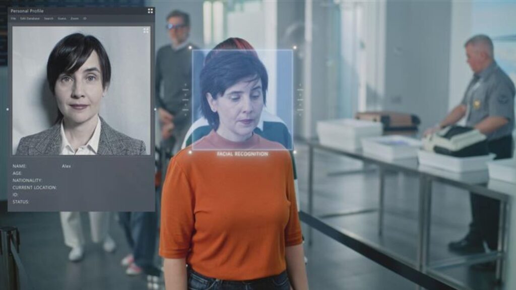 Security Checkpoint: Queue of Diverse People Passing Biometric AI Face Identification at Border Control in Airport Terminal. Advanced Facial Recognition Technology. Passengers Screening for Boarding.