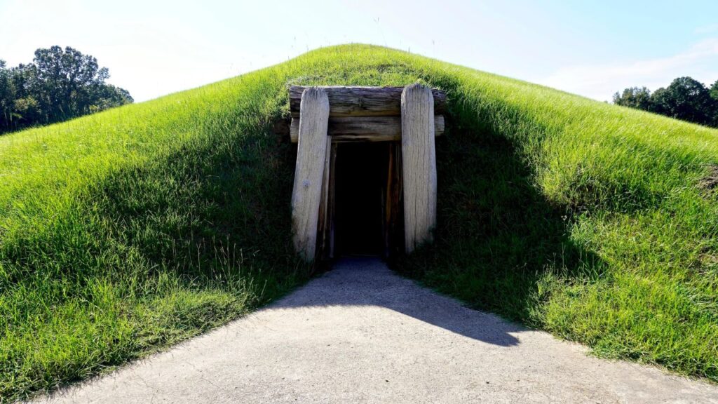 Ocmulgee Mounds National Historical Park in Macon, Georgia preserves earthworks built by South Appalachian Mississippian culture. Entrance to circular earth lodge built for meetings and ceremonies.