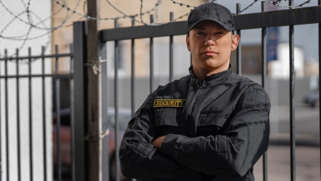 Portrait of male security guard with barbed wire fence