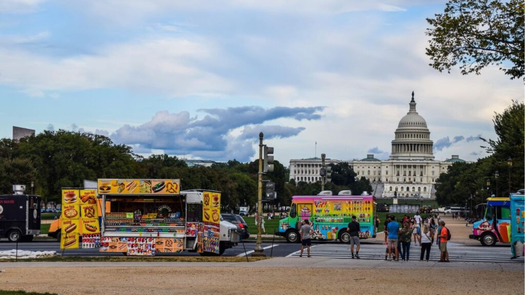 Washington, DC, USA - October 7, 2021: Food trucks on the National Mall with the U.S. Capitol Building in the background