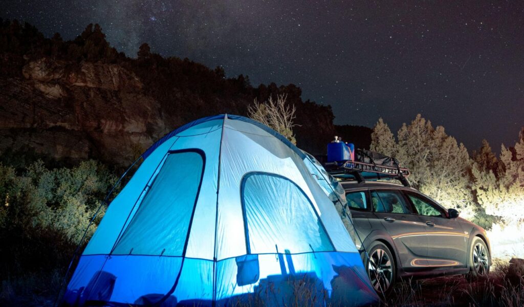 A glowing blue tent and parked car sit beneath a starry night sky at Zion National Park, surrounded by cliffs and desert vegetation.