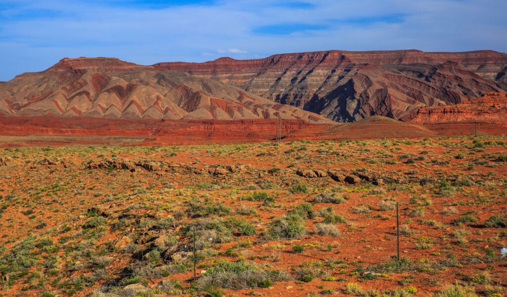 Expansive view of Bears Ears National Monument in Utah, featuring red rock formations, layered cliffs, and sparse desert vegetation under a blue sky.