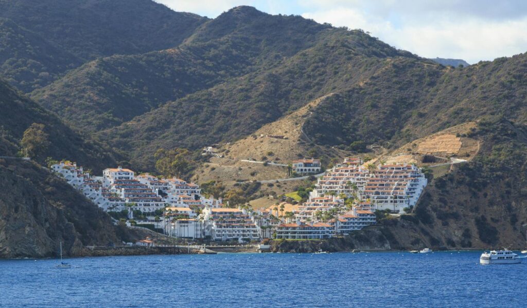 View of Catalina Island, California, with white hillside buildings and red-tiled roofs nestled between rugged mountains and the blue ocean.
