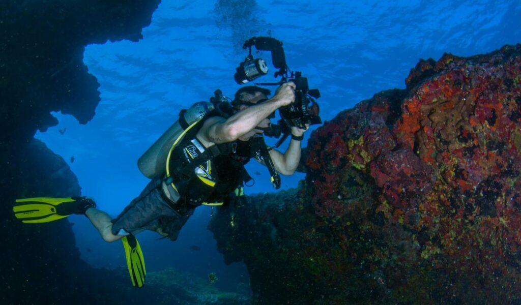 A scuba diver equipped with a camera captures images of vibrant coral formations inside an underwater cave, surrounded by deep blue water.