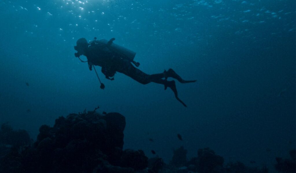 A scuba diver swims through deep, dark blue waters above rocky formations, silhouetted against the faint light filtering from the surface above.