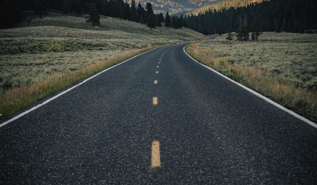 A paved road winding through grassy fields and forested hills under soft evening light in Cody, Wyoming.